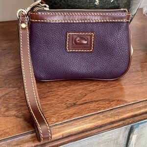 Dooney & Bourke pebbled deep purple and Brown Leather Wristlet, keychain